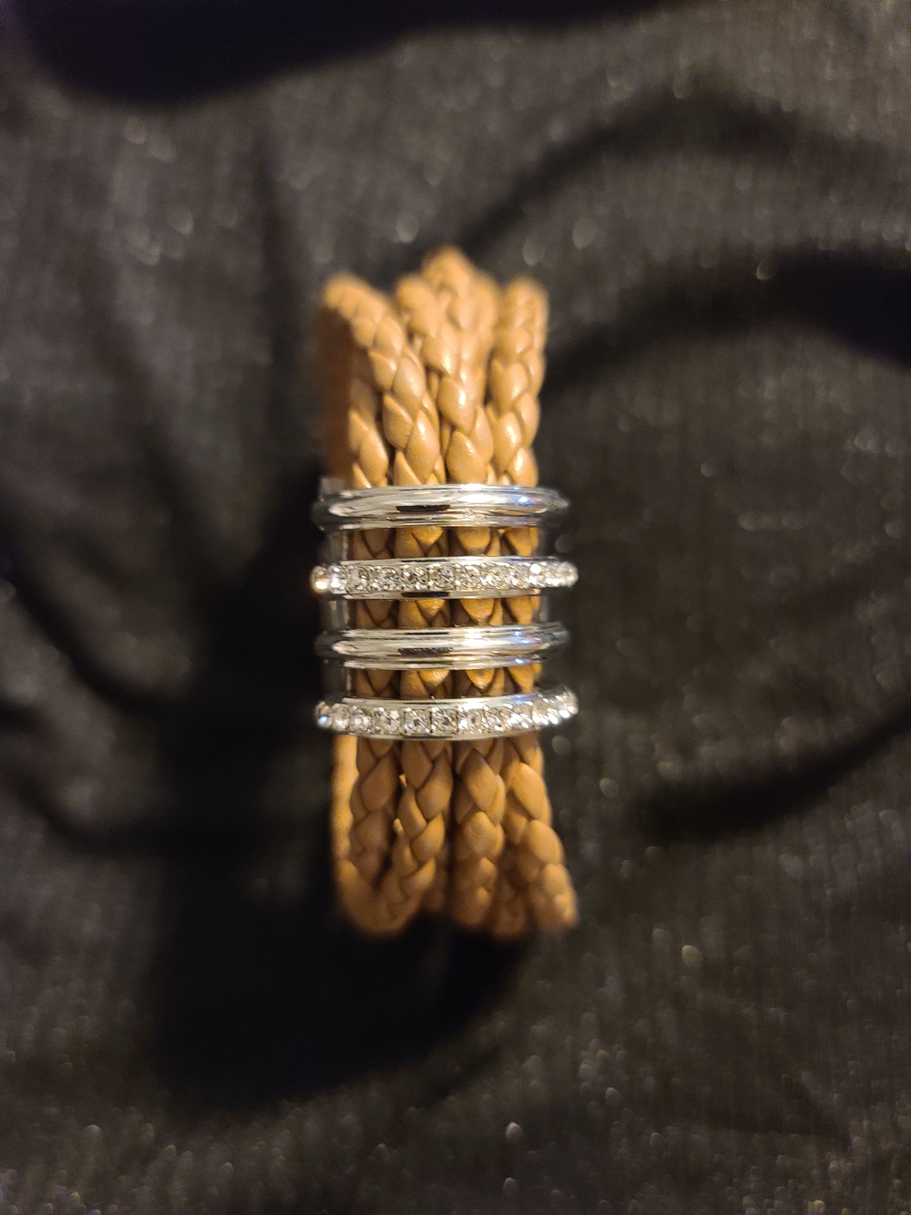 Tan Braided Leather Multi-Strand Bracelet with Silver Crystal Rings